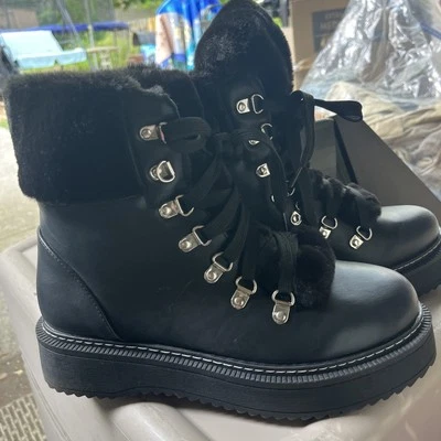 Nicole Miller Kooky Leather Combat Lace Up Boots Faux Fur Womens Mid Calf Sz 9 - Image 1 of 4