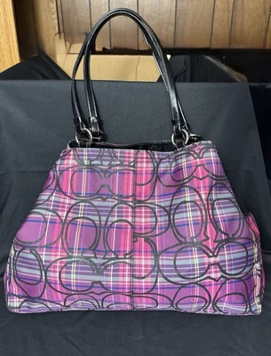 Bolso de Mano Coach Poppy Tartán Cuadros Glamour Brillo Cartera F15480 Rosas Morado Foto 1 de 4