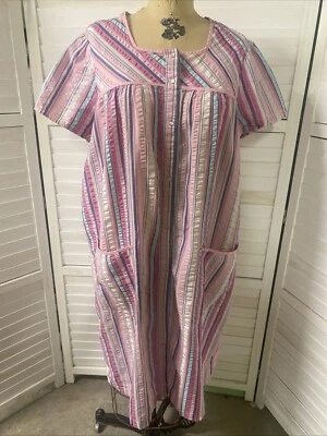 Vestido Rosa K Snap Up Perla Botón Casa Talla Bata Rayas Bolsillos Talla Grande Foto 1 de 4