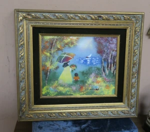 Enamel on Copper Art Painting Mother Daughter by the Lake Signed 8"x10" Framed - Picture 1 of 8