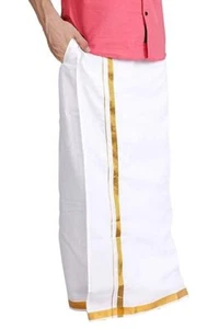 Costume da bagno uomo tascabile Dhoti Jari 100% cotone Lungi costume da notte Sarong (bianco) - Foto 1 di 15