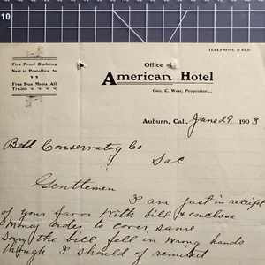 1903 Auburn CA Office of American Hotel Letterhead Letter Stationary - Picture 1 of 4