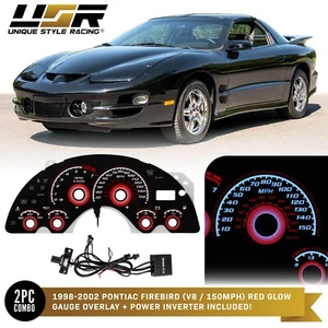 RED Glow Gauge Black Overlay For 98-02 Pontiac Firebird V8 Trans Am Cluster - Picture 1 of 12