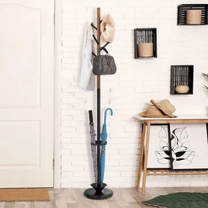 Black Metal Coat Rack and Umbrella Stand with 6 Wood Hanger Hooks, Coat Rack - Picture 1 of 7
