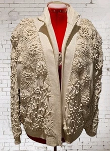 Lim's Women's Large Quilted Crochet Jacket Silk 100% Bomber Art Ivory Vintage - Picture 1 of 22