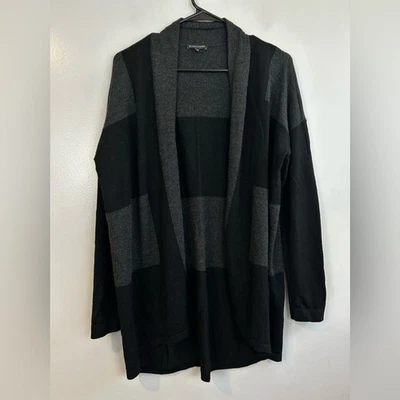 Cárdigan suéter mediano Eileen Fisher negro/gris 100 % lana merino a rayas bloqueadas Foto 1 de 4