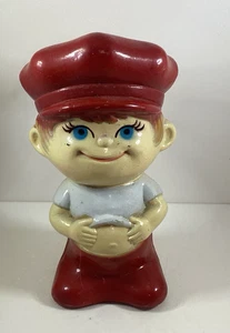 Rare Vintage Little Boy Blue Eyes Red Hat Hard Plastic Coin Piggy Bank 6 1/2" - Bild 1 von 8