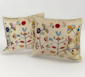2 Ikea Alfhild Fagel Embroidered Floral Bird Pillows Down Insert 24x20" Folk Art - Picture 1 of 15
