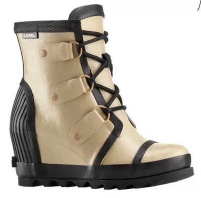 NUEVO Bota Sorel Joan Rain Wedge Fieltro Goma Botín Playa/Negro talla 6 para Mujer Foto 1 de 4