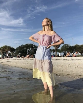 Urban Outfitters white and pink striped off-shoulder summer dress  - Image 1 of 4