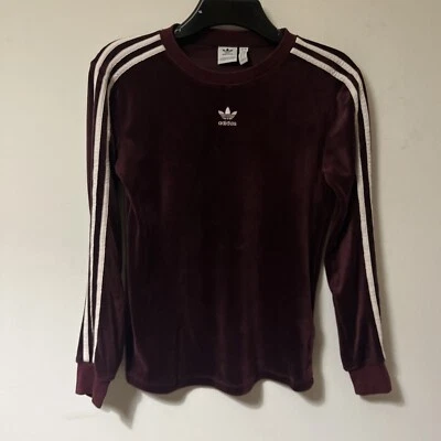 Adidas Jumpers Womens UK 4 XXS Burgundy Maroon Velvet Pullover Sweatshirt du6994 - Image 1 of 4