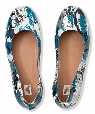 FitFlop Allegro Leather Ballet Flats 37 6 Comfort Shoes Teal Splatter Print NEW - Image 1 of 4
