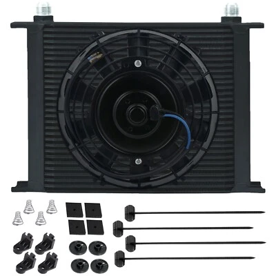 30 ROW ENGINE TRANS-MISSION OIL COOLER 10AN HOSE END ADAPTERS ELECTRIC FAN KIT - Image 1 of 3