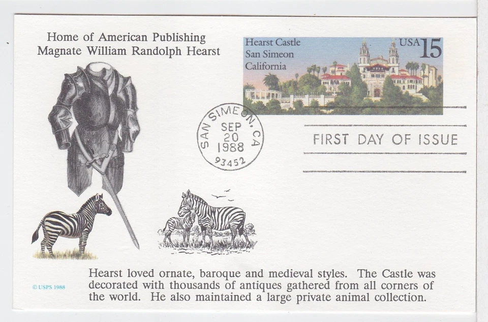 TurtlesTradingPost- Hearst Castle Postal Card 1988 #UX125 FDC KMC Cachet - Image 1 of 1