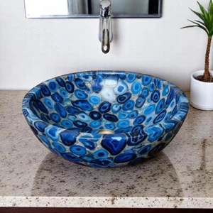 24" Luxury Blue Agate Stone Sink Handmade Gemstone Vanity Bowl for Bathroom Deco - Picture 1 of 5