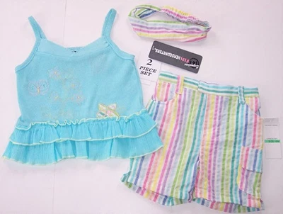 Cuartel general infantil niña 3 piezas nuevo con etiquetas Juego de pantalones cortos a rayas Aqua & Pastel, 12 Mos. Foto 1 de 3