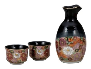 Kutani ware Porcelain Japanese Sake Set Colorful Flowers 3-Piece Set Japan - Picture 1 of 9
