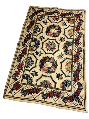 Large Vintage Finished Rectangular Needlepoint Pink Rose Petit Point Rug 33 x 22 - Image 1 of 4