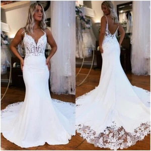 Elegant Mermaid Wedding Dresses Deep V-Neck Backless Lace Appliques Bridal Gowns - Picture 1 of 8