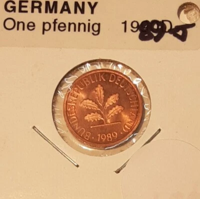 1989-J West German 1 Pfennig Copper Clad Iron Coin  BU - Image 1 of 2