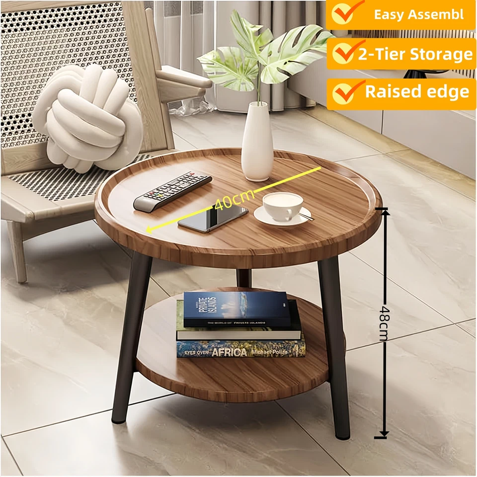 40cm Round Side Table 2-Tier Small Coffe Table Anti-fall Barrier Home/Office AU - image 1 of 4