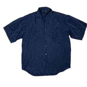 Silk Society Navy Short Sleeve Button Up Shirt Medium 100 Percent Silk Soft - Picture 1 of 3
