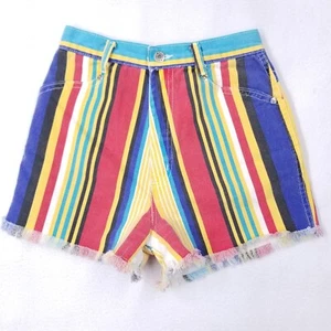 Vintage Bonjour Striped Primary Y2K Shorts Sz 12 90s Retro Kidcore Streetwear - Picture 1 of 15