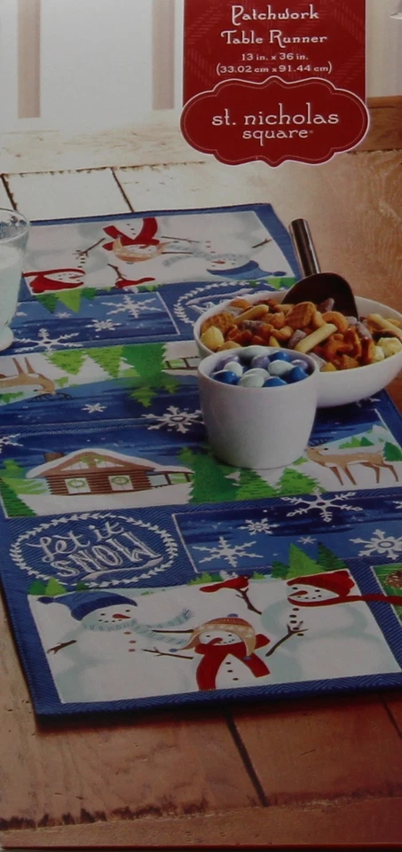 St. Nicholas Square Table Runner Christmas Snowmen Let it Snow Blue 13" "