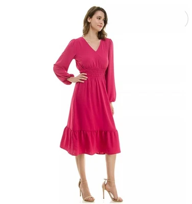 Vestido midi para mujer Luxology cintura ajustada cuello en V talla XL rosa magenta Foto 1 de 3