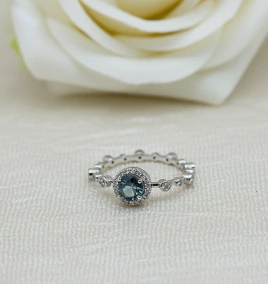 Помолвочные кольца из белого золота 10 карат с турмалином гало ручной работы с драгоценными камнями подарок ей. - Изображение 1 из 4