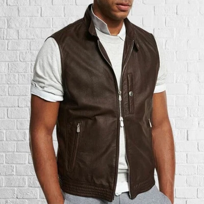 Men's Brown Lambkin leather biker Waist Coat with zipper n Pockets - Image 1 of 3
