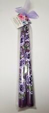 Taper Candle Sticks Purple & White Roses Hand Painted 10" Set Of 2