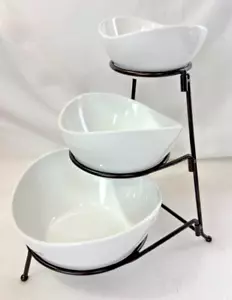 B. SMITH 3-TIER CHIP & DIP SET ~ WHITE APPETIZER BOWLS WITH IRON STAND - Picture 1 of 15