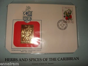 St Vincent FDC con timbro replica oro 23 kt 1985 erbe e spezie caraibiche - Foto 1 di 2