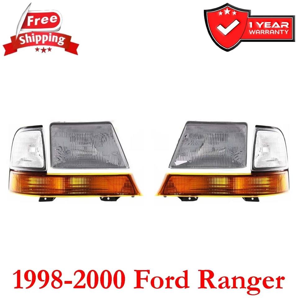 Headlight Set For Ford Ranger 1998-2000 Left and Right Side with Corner Lights Foto 1 de 4
