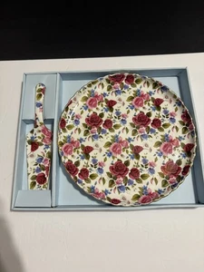 Juego de platos y servidores para pasteles de porcelana fina Grace’s Teaware - rosa chintz floral nuevo en caja - Imagen 1 de 6