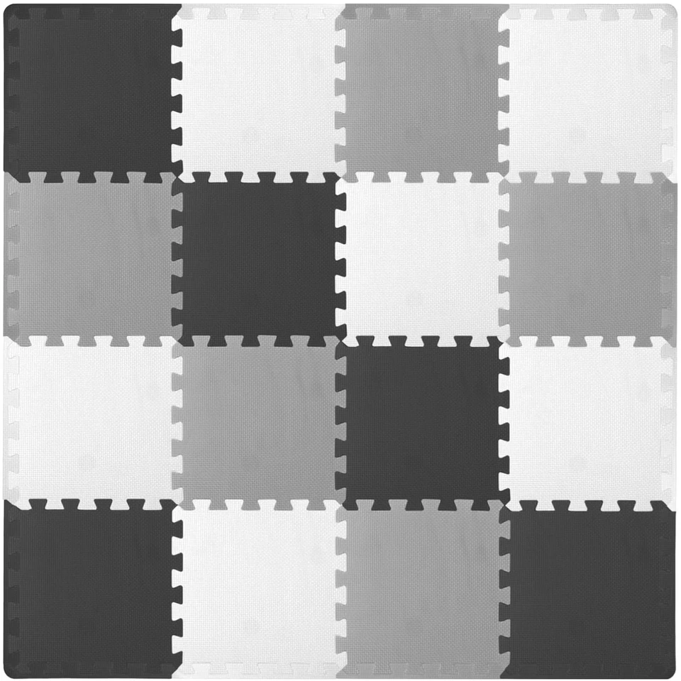 Elegante alfombrilla de juego de rompecabezas de espuma para niños - 16 azulejos entrelazados, negro/gris/blanco Foto 1 de 4