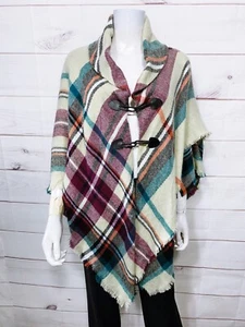 Apt 9 Womens Poncho Shawl One Size Multicolor Plaid Fringe - Picture 1 of 7