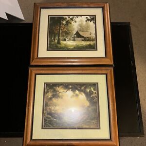 Vintage Belart Framed Windberg Print Set Of 2 Cabin Reflections Deer
