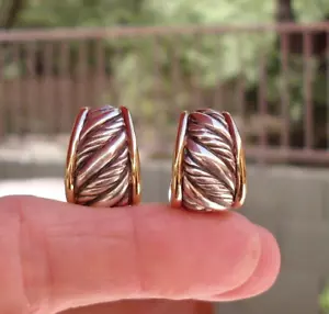 Rare & Retired David Yurman Tapered Cable Earrings - Omega Backs - 18K/925 - Picture 1 of 7