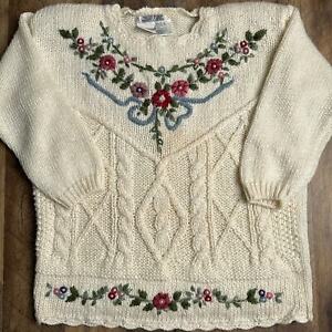 Vintage Bobbie Brooks Sweater Women's Large White Hand Knit Embroidered 4157