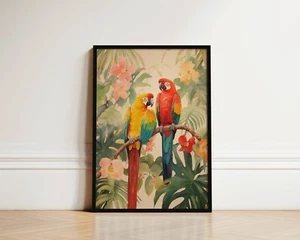 Arte de pared de loro estampado botánico aves tropicales de la selva decoración de baño verde - Imagen 1 de 16