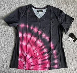 Koi Basics Scrub Top Women’s Sz Large Gray Pink Flamingo Tie Dye Stretch Nursing - Picture 1 of 11