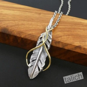 925 Sterling Silver Detailed Feather Pendant with Shiny Brass Ribbon Unique Gift - Picture 1 of 11