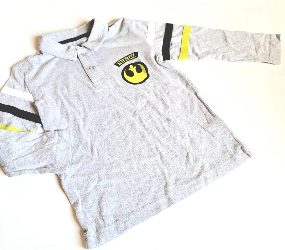 Camisa polo masculina Gymboree tamanho 5-6 Star Wars cinza rebelde Force Be With You nova com etiquetas - Imagem 1 de 2