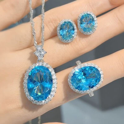 Conjunto de 3 piezas gemas de topacio azul océano para mujer niña collar de plata pendientes Foto 1 de 4