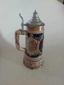 Vintage großer 9" Sammlerstück Deutscher Bierkrug Zinndeckel Germany Spieluhr - Bild 1 von 9