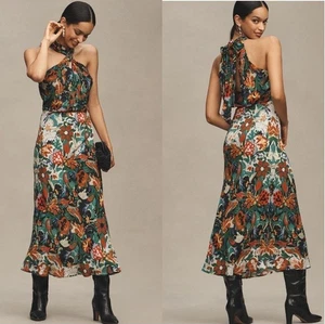 Abito midi floreale nuovo con etichette Anthropologie Bl-nk $178 donna taglia XL Elainne Halter - Foto 1 di 4
