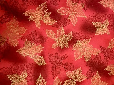 Festive Red Christmas Fabric by The Yard Metallic Gold Accents - Image 1 of 3