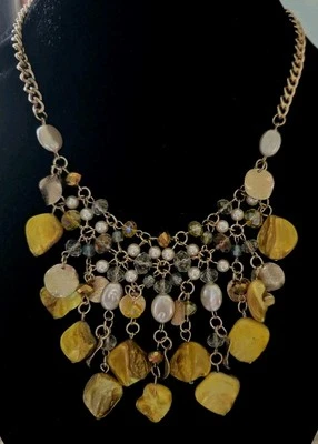 Yellow Mo. Of Pearl  Bib  Necklace, Faux Pearls, Yellow, Clear,  Taupe Crystals - Image 1 of 4